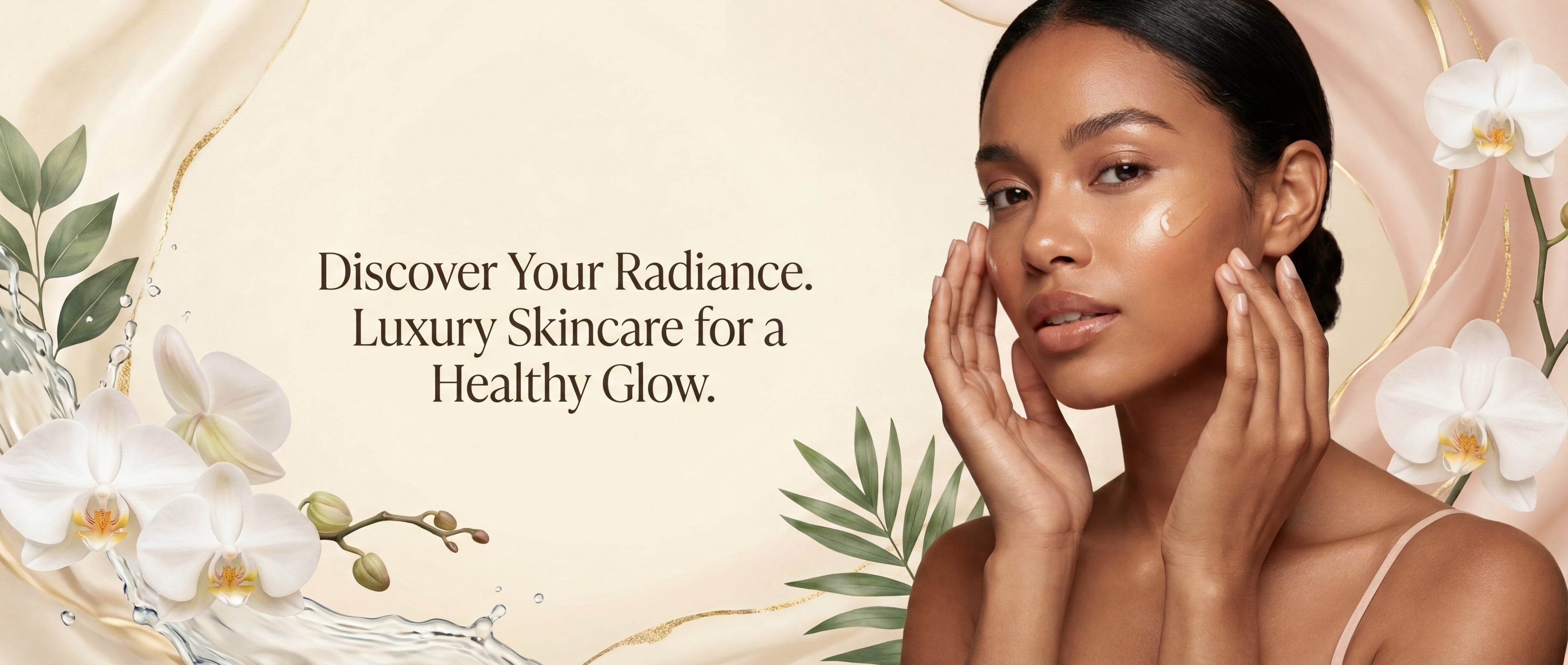 Woman touching her face with a serene background of flowers and leaves, promoting luxury skincare.